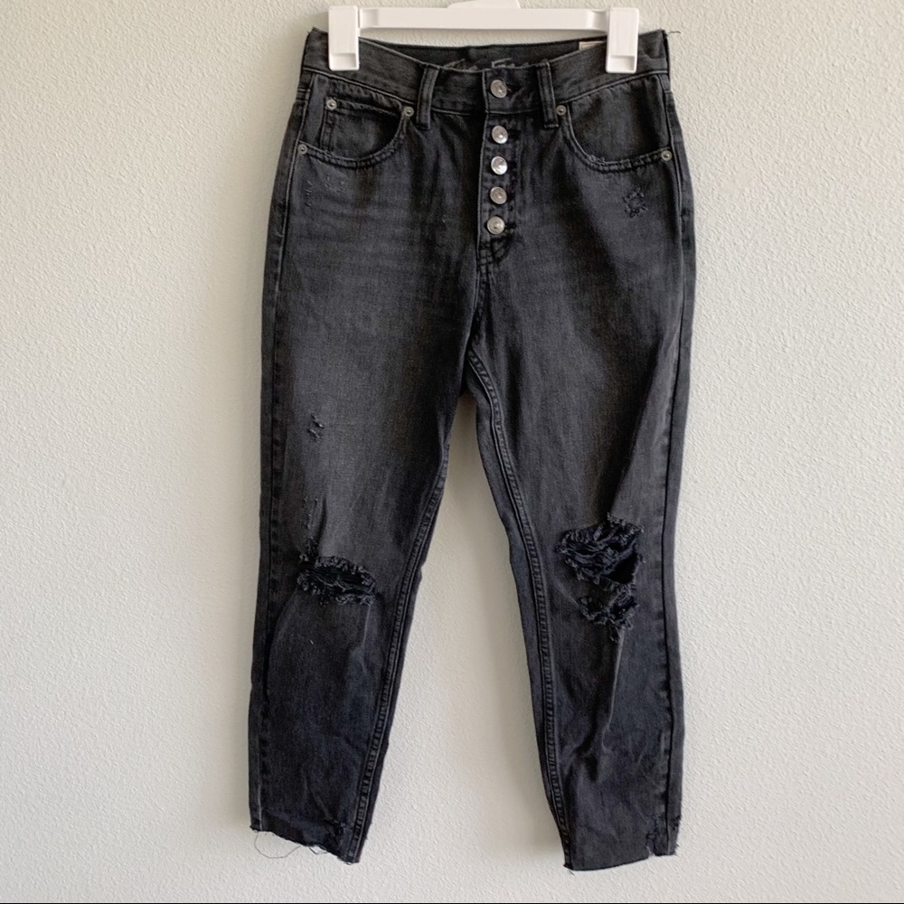 Free People Blossom Rigid Black Distressed Skinny Jeans Button Fly